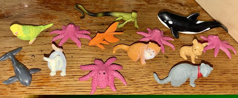 13 Mini Animals: 8 Safari Pets, 4 Octopus & 1 Black & White Sea World Orca Whale