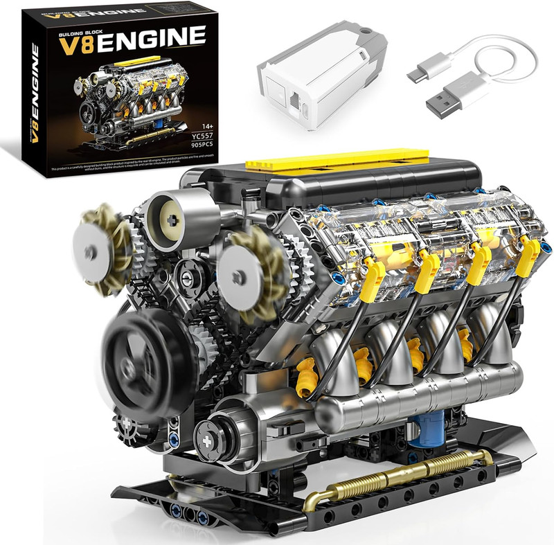 V8 Engine Model Kit That Runs, Visible Mini Car Motor Building Blocks Set for Ad