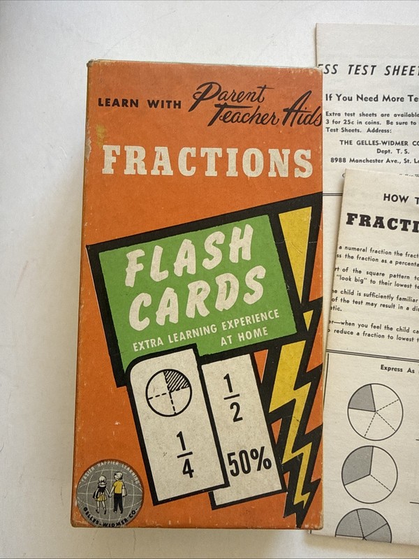 Fractions Flash Cards Learn With Parent Teacher Aid Numbers Math Arithmetic 1959