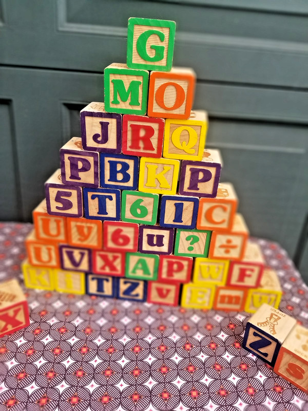 Vintage Wooden Block Set Alphabet Numbers Upper Lower Case Symbols Pics, 40