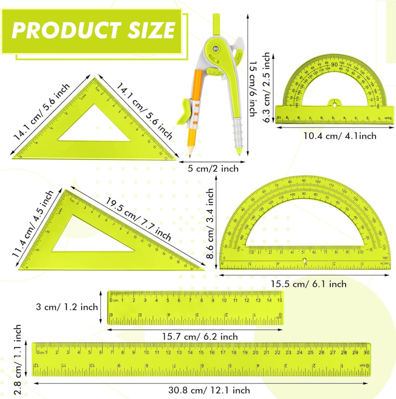 1 Set Plastic Geometry Math Set 7 Pcs Includes 6'' / 4 '' Protractor, Drawing gallery