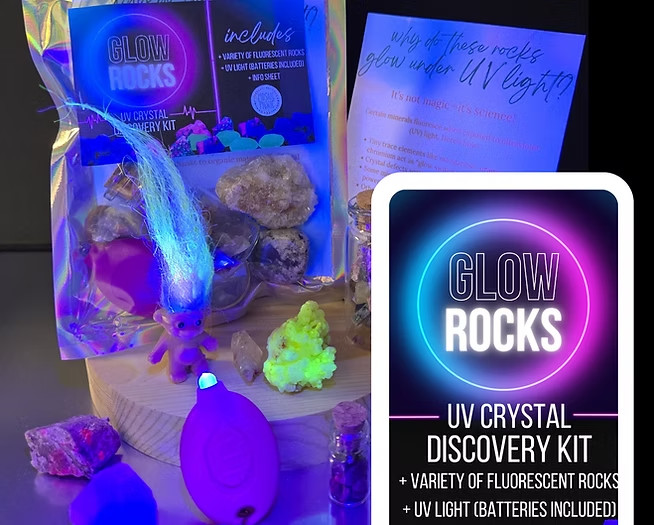 Glow Rock UV Crystal Kit with Flashlight, Fluorescent Minerals Set, Educational