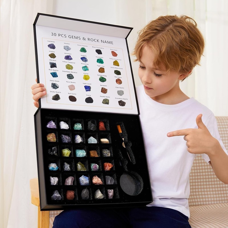 30PC Kids Rock and Mineral Kit Gemstones Crystals STEM Science Education Set gallery