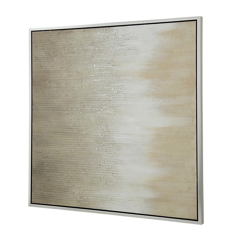Benjara 39 x 39 Hand Painted Wall Art- Polyester Canvas- Wood- White and Gold gallery