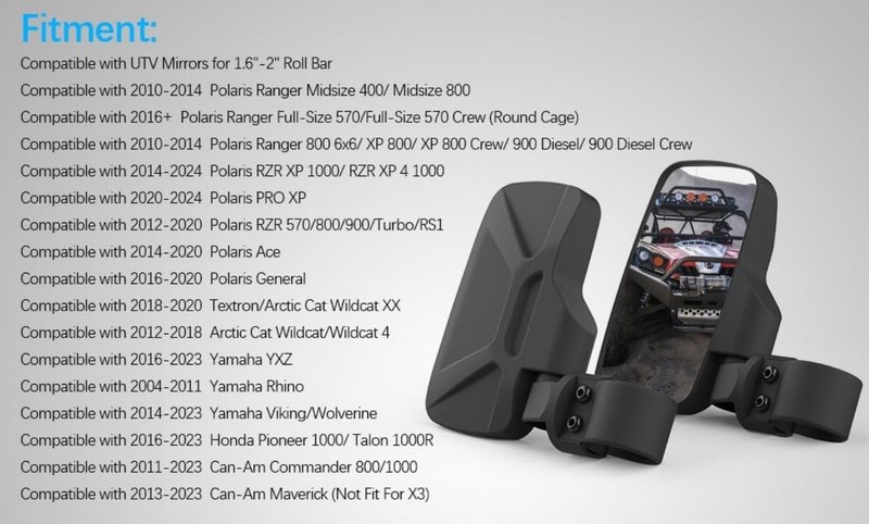 UTV Side Rear view Mirror And Center Mirror for 1.6" to 2" Bar Compatible with P gallery