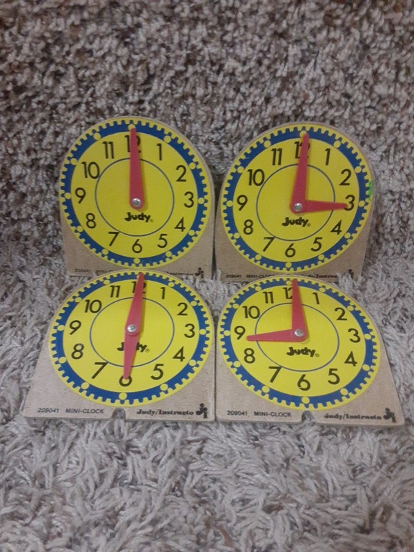 Lot of 4 Judy/Instructo Mini-Clocks, #209041, Stiff Paperboard Not Plastic, Used