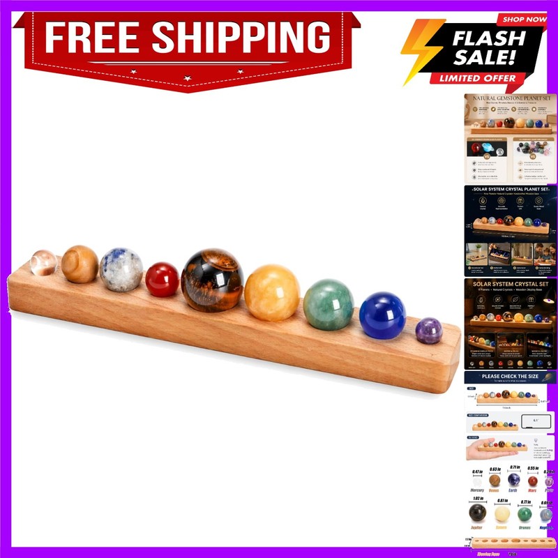 Nine Planets in Solar System with Wooden Stand, Natural Gemstones Sphere Sola…