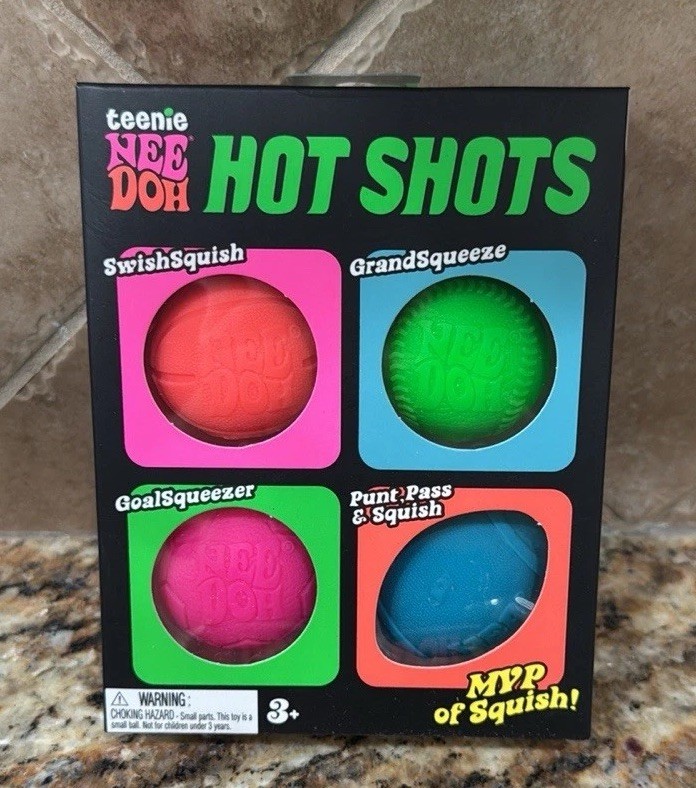 NeeDoh Teenie HOT SHOTS Squeeze Ball Four Different Sports Nee Doh Squish Stress