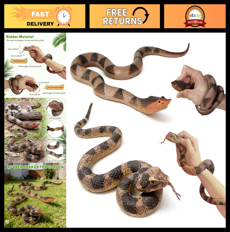 2 Pack Realistic Rubber Rattlesnake Toys – Scare Birds, Squirrels & Pranks