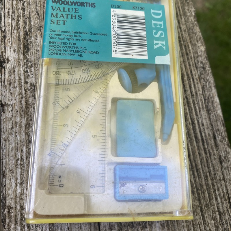 Woolworths Vintage Student Math set Ruler Compass Protractor Eraser Sealed gallery
