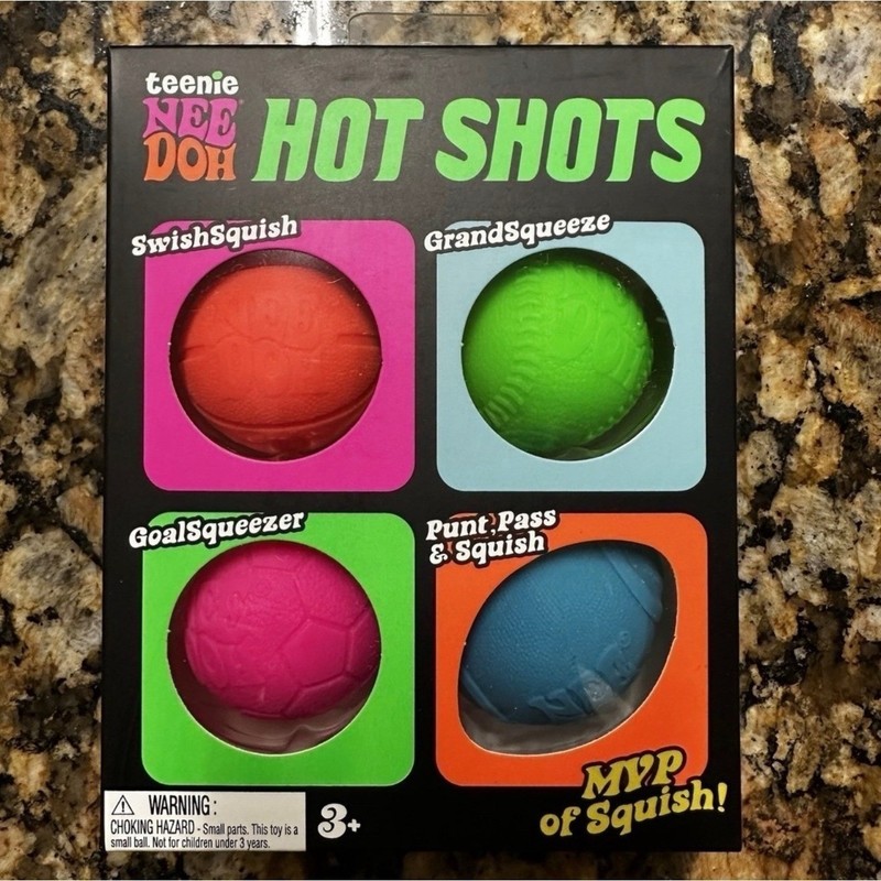 NeeDoh Hot Shots Teenie Squishy Sports Ball Nee Doh Fidget Toy 4 Pack NEW
