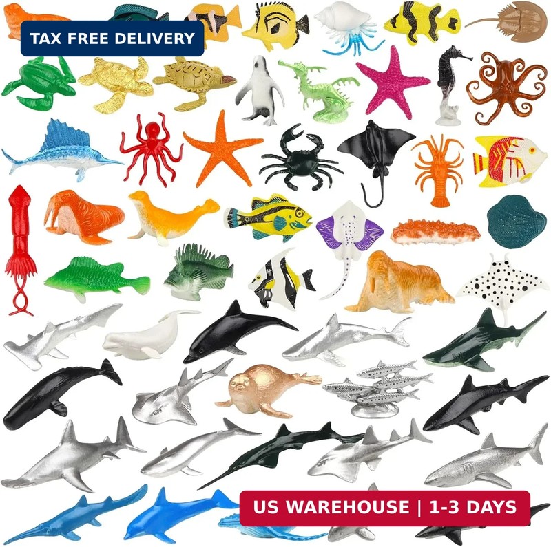 54 Pack Assorted Mini Vinyl Plastic Ocean Sea Animal Figures Toy Set, Realistic