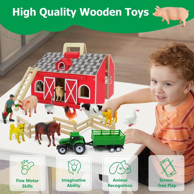Farm Animal Toys with Portable Large Wooden Barn for Kids 3+ Years Old, 10 PC... gallery