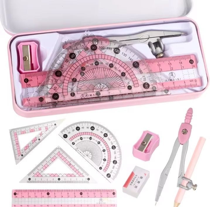 8-Piece Metal Compass Geometry Set Protractor Rulers Storage Box School Office