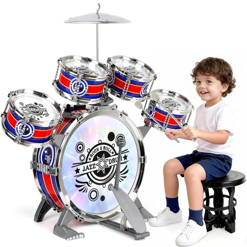 Kids Drum Set for Toddlers 1–3, Light-Up 5pcs Beginner Drum Set with Stool