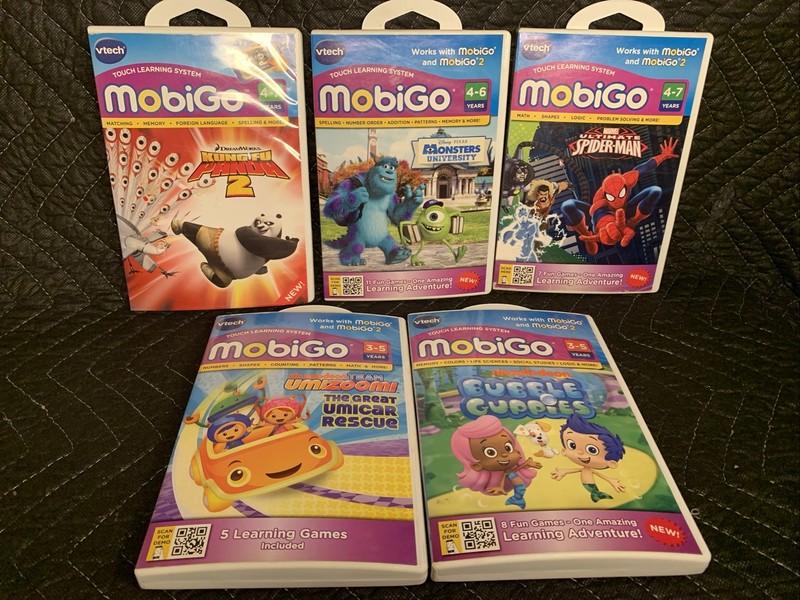 Lot of 5 Vtech MobiGo Games Spider-Man Monsters Bubble Guppies Kung Fu Panda Umi
