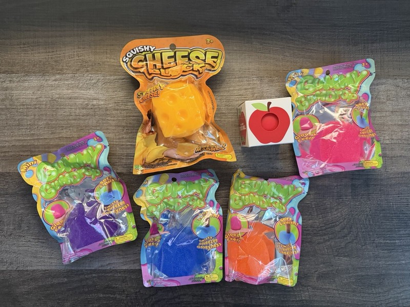 Mini Gummy Gumdrop Squishy Cheese Block Apple Stress Ball Sensory Fidget 6pc Lot
