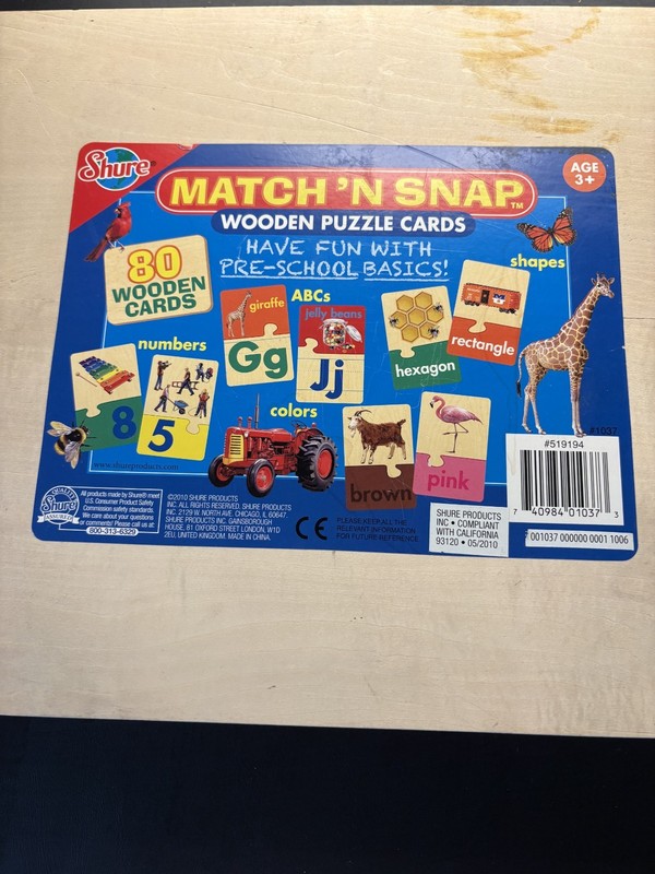 Shure Match ‘N Snap Puzzle – English/Spanish – 80 Wooden Cards – New