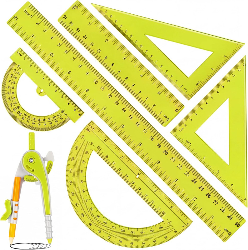 1 Set Plastic Geometry Math Set 7 Pcs Includes 6” / 4 ” Protractor, Drawing