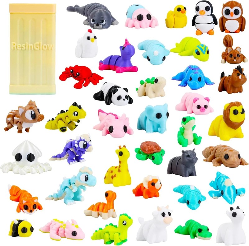 42PC 3D Printed Mini Animals with Box, Small 3D Printed Animal Figurines with St