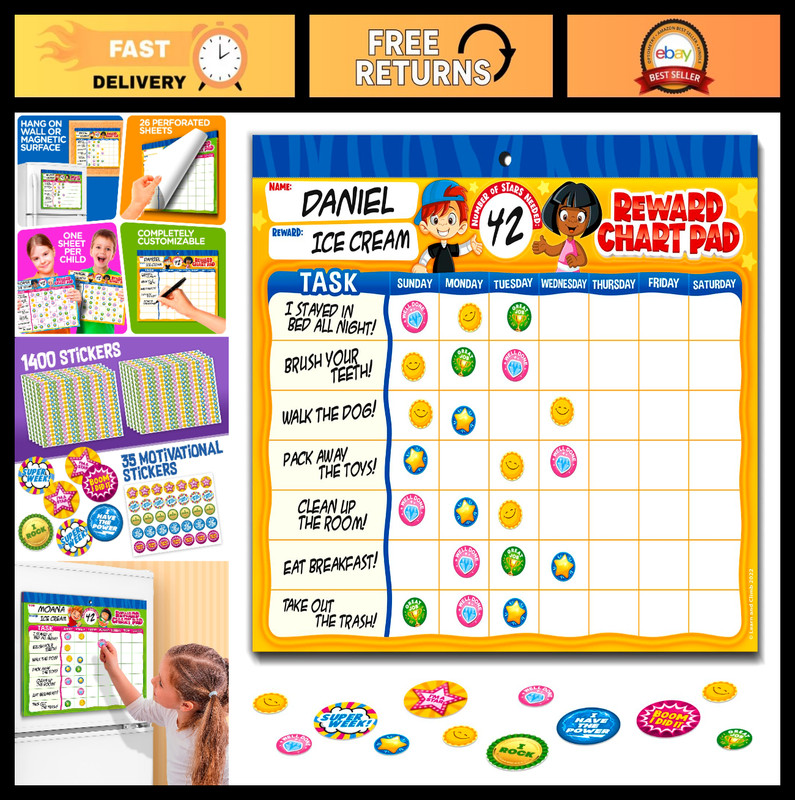 Behavior Reward Chart System – 26 Kids Chore Charts & 2800 Motivational Stickers
