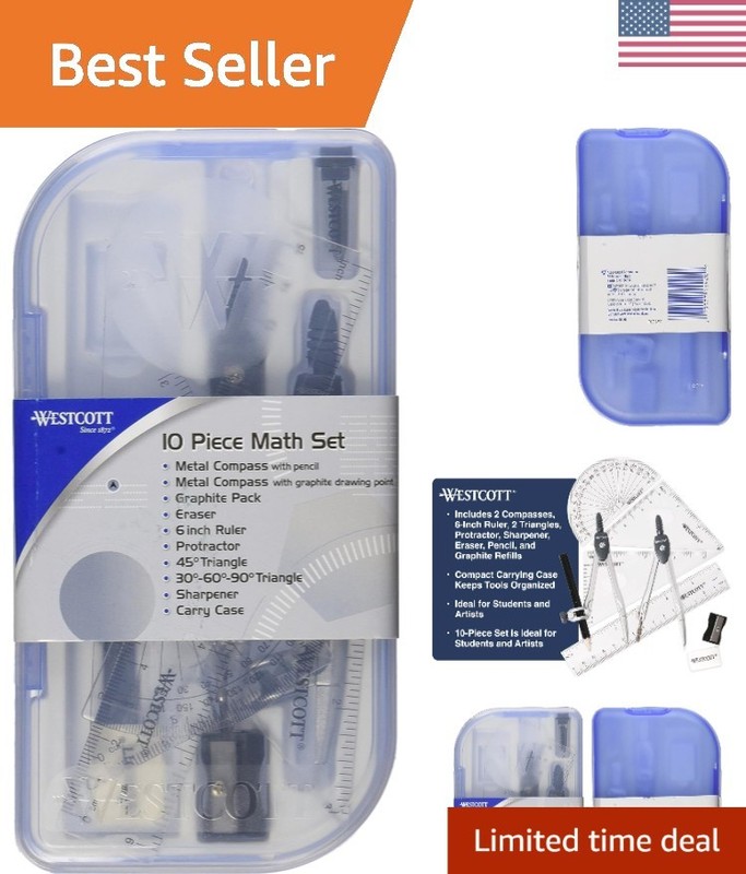 10-Piece Math Set for Students, Includes 2 Compasses, Protractor & Ruler, Bac…