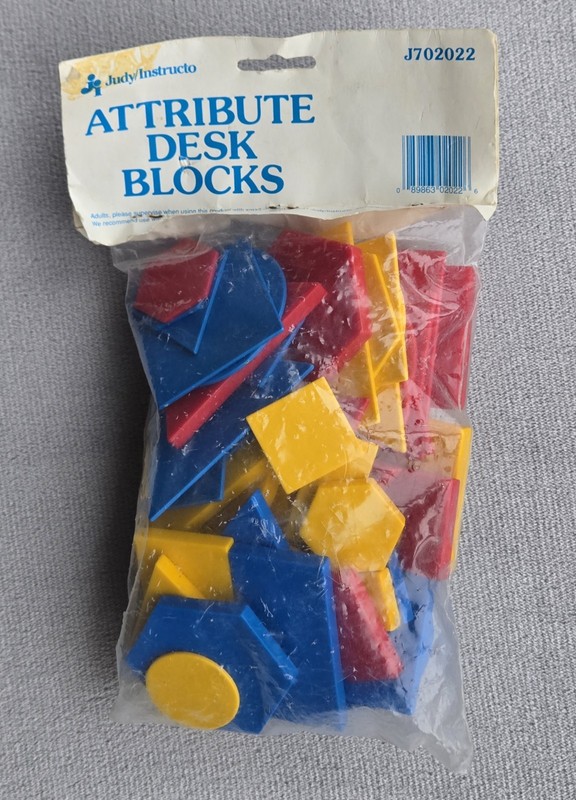 Judy Instructo Attribute Desk Blocks 60 pc 5 Shapes 2 Sizes 3 Colors Vtg NOS NIP gallery