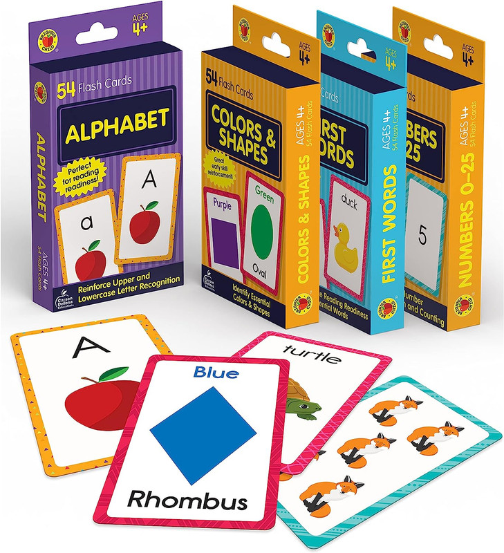 4-Pack Toddler Flash Cards - Alphabet Word Colors/Shapes Numbers Learning Age 4+