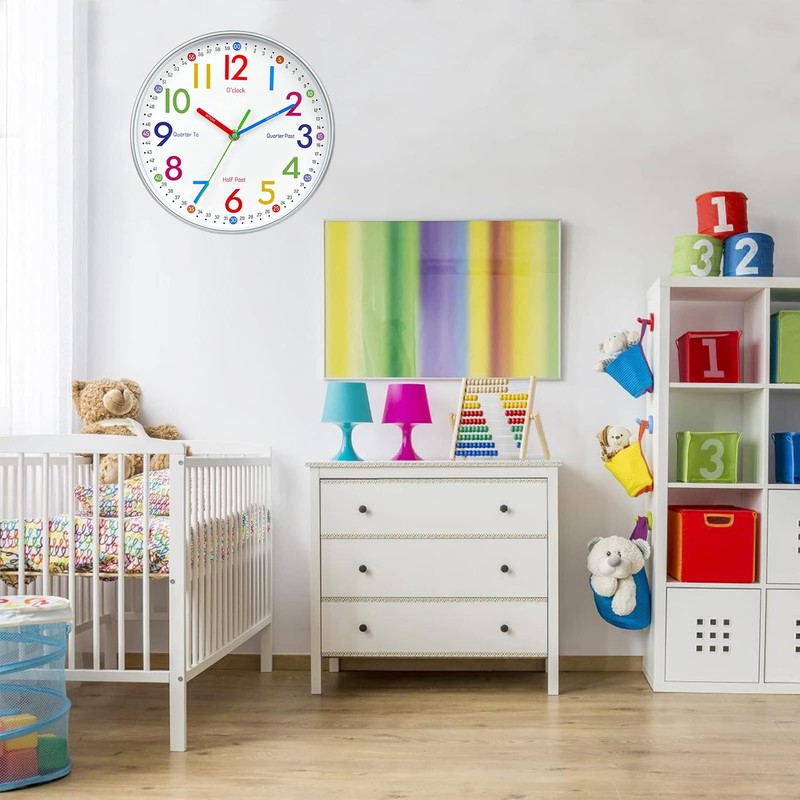 Teaching Clock For , Silent Non Ticking, Learn To Tell Time, White gallery