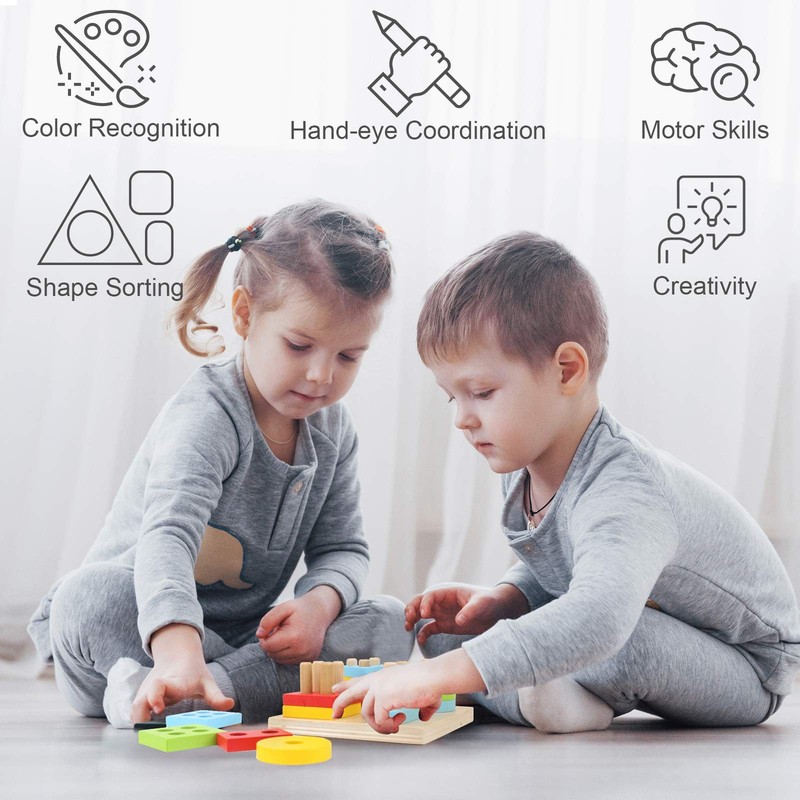WOOD CITY Wooden Montessori Sorting & Stacking Toys 18 months, Multicolored gallery