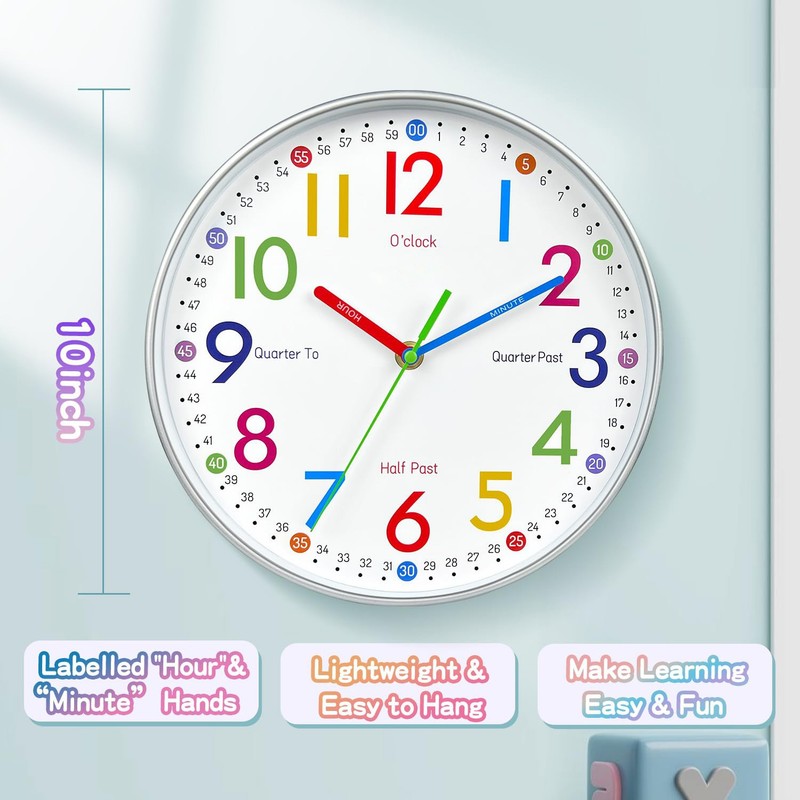 Teaching Clock For , Silent Non Ticking, Learn To Tell Time, White gallery