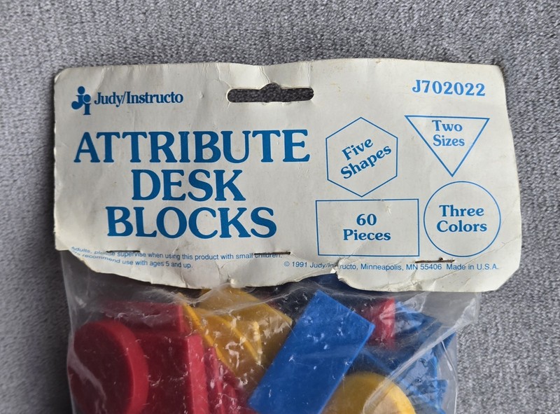 Judy Instructo Attribute Desk Blocks 60 pc 5 Shapes 2 Sizes 3 Colors Vtg NOS NIP gallery