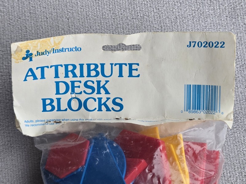 Judy Instructo Attribute Desk Blocks 60 pc 5 Shapes 2 Sizes 3 Colors Vtg NOS NIP gallery
