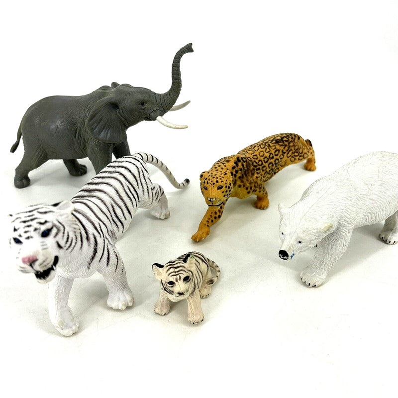 Lot Of 5 Animal Figures Safari Jungle AAA Elephant White Tiger Cub Leopard Bear
