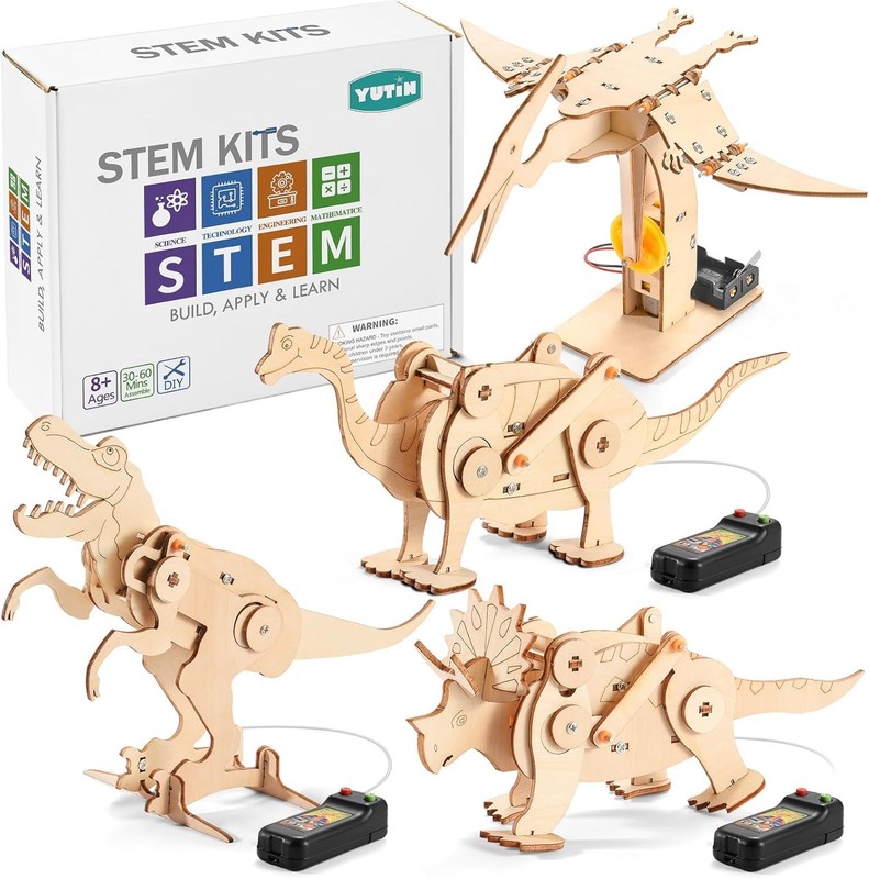 Dinosaur STEM Kits for Kids Ages 6-8-10-12, 4 in 1 Wood Building Toys for Boys A