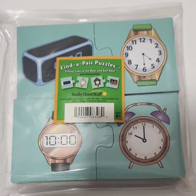Really Good Stuff Find-a-Pair Puzzles Telling Time Cards Ages 6+, Multicolor