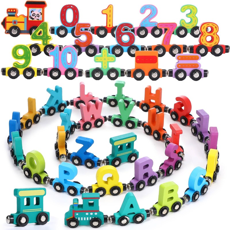 43 Pcs Magnetic Wooden Alphabet Number Trains Set for with 26 Alphabet, 14 Nu…