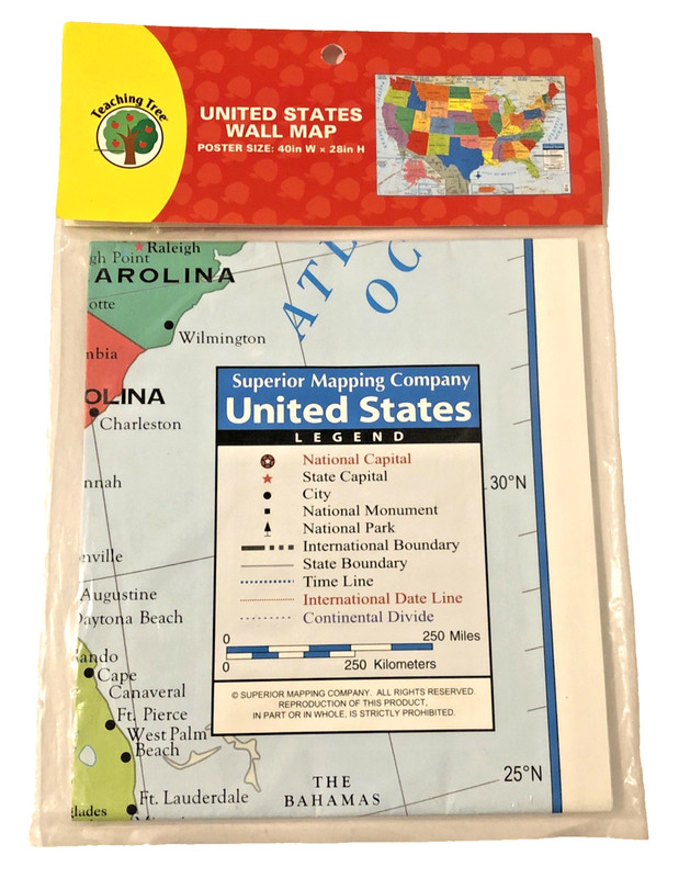 Teaching Tree United States Wall Map Poster With Gulf of Mexico 40×28 New Sealed