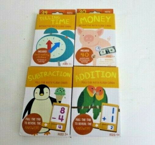 Flash Cards set of 4 Telling Time Money Subtraction & Addition Age 5+ w/ Sticker