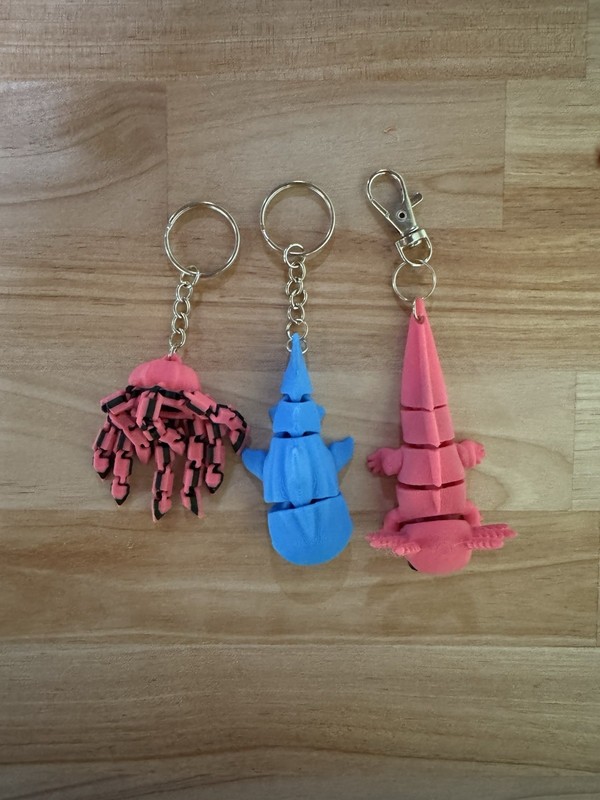 Articulated Fidget Keychain Lot Of 3, Shark, Jellyfish, Axolotl, 3D Printed PLA
