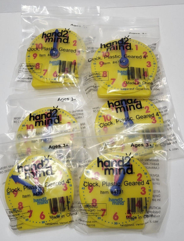 6 New Kids HAND2MIND Yellow Learning Geared Clock Size 4″ Hand 2 Mind Education