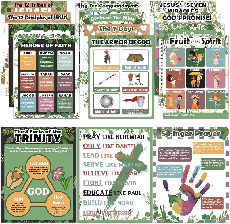 15Pcs Bible Posters for Classroom Sunday School Wall Decor Greenery Christian Bo