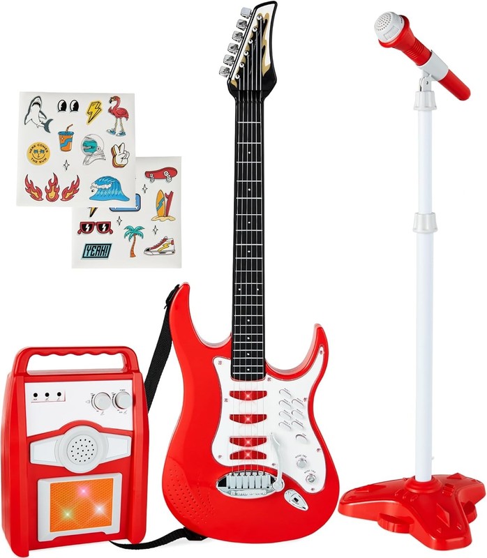 Kids Electric Guitar Set with Amp and Microphone Red Interactive Toy SKY7143