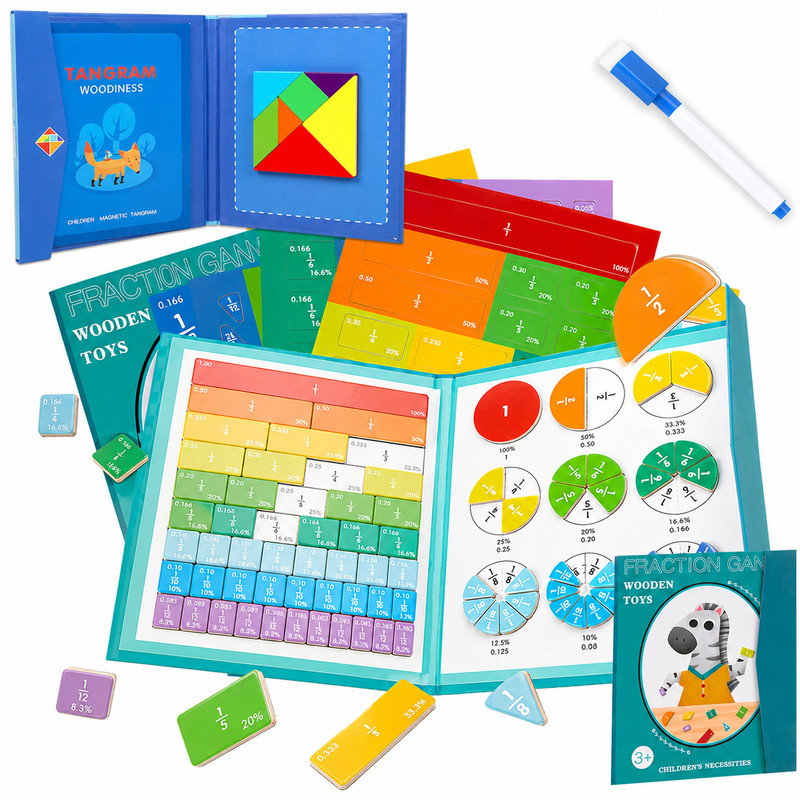 2 in 1 Wooden Tangram & Fraction Puzzle Book Set Education Math Manipulatives