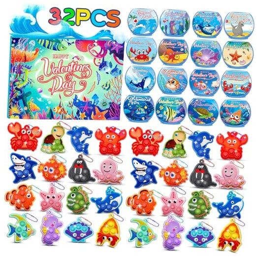 32 PCS Valentines Day Gifts for Kids,Valentines Cards Valentines Sea Animal