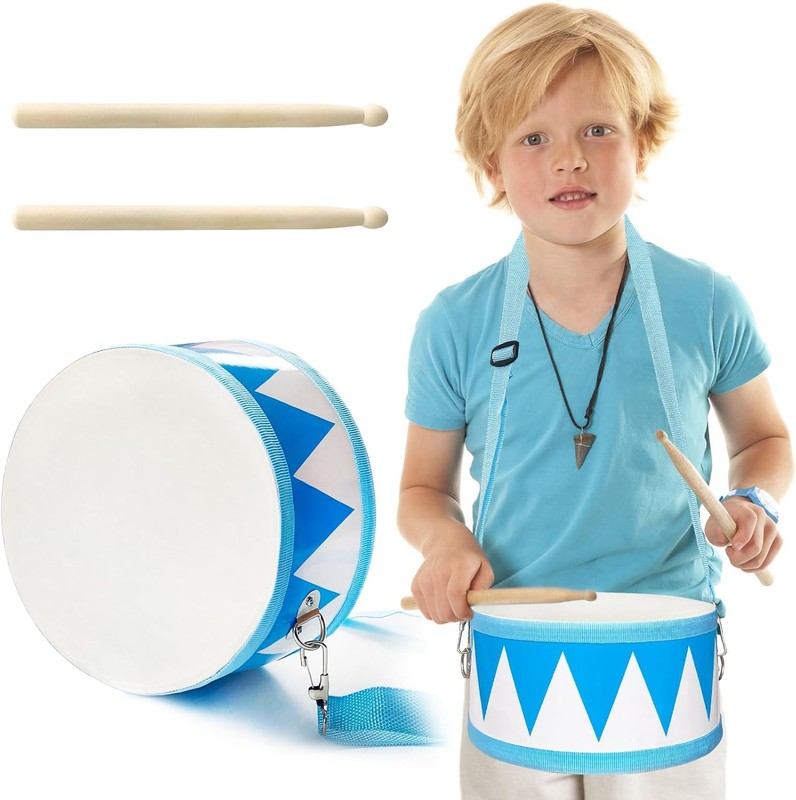 Kids Wooden Drum Toy 8 Inch with Strap and Drumsticks