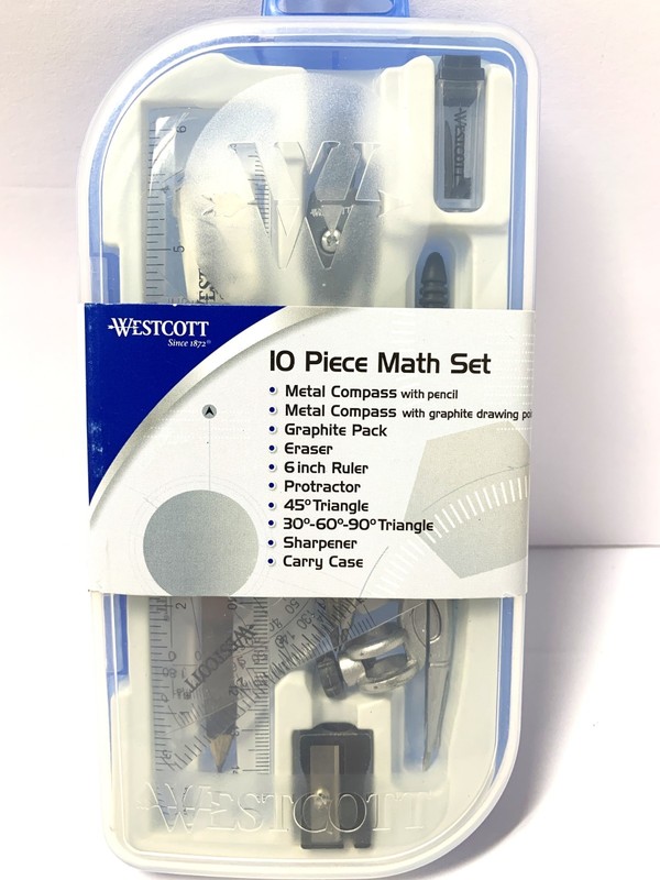 Westcott 10 Pieces Math Set Metal Compass Ruler Protractor Triangles Sharpener