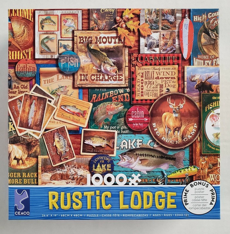 Ceaco Rustic Lodge Series 2 Camp Signs 1000 Piece Jigsaw Puzzle Fish Deer New!