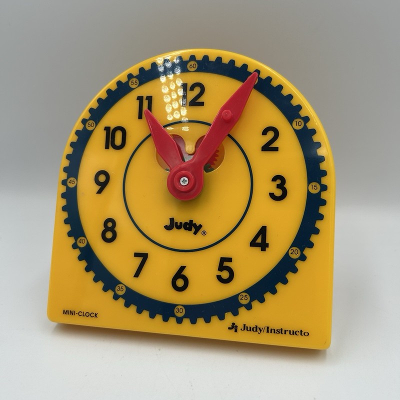 Vtg Judy Instructo Mini Clock Yellow Plastic 5" time Teaching Homeschooling gallery