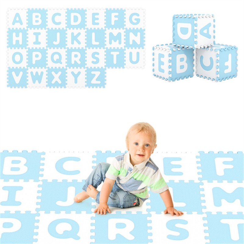 26PCS ABC EVA Foam Play Mat Puzzle Floor Tiles for Baby 10+ Months Blue White